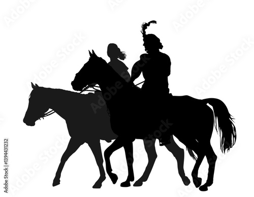 Medieval princess riding horse with prince vector silhouette illustration isolated. Girl in cloak ride horse. Woman man couple enjoy countryside riding. Noble aristocratic lady and knight horseback.