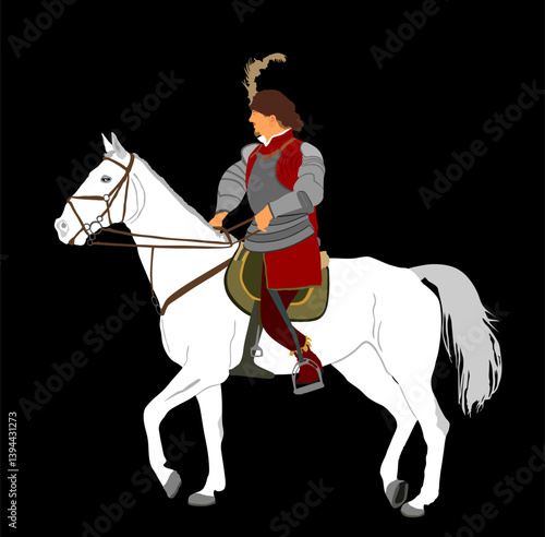 Medieval prince riding horse vector illustration isolated. Man enjoy countryside riding. Noble aristocratic knight horseback. Horseman Jockey male soldier warrior after battle.