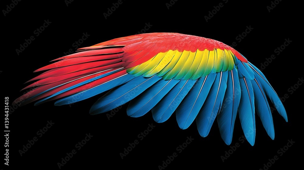 Obraz premium A colorful bird's wing on black background, featuring red, yellow, and blue feathers