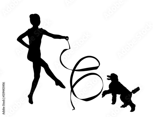 Rhythmic gymnastic girl plays with dog poodle entertainment vector silhouette illustration isolated. Dog jumps ribbon funny game circus attraction. Ballet dancer animator shape pet show exhibition.