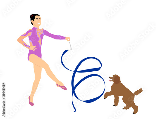 Rhythmic gymnastic girl in costume plays with dog poodle vector illustration isolated. Dog jumps ribbon funny game circus attraction. Public entertainment. Ballet dancer animator show pet exhibition.