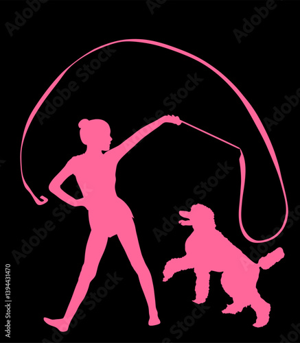 Rhythmic gymnastic girl plays with dog poodle entertainment vector silhouette illustration isolated. Dog jumps ribbon funny game circus attraction. Ballet dancer animator shape pet show exhibition.