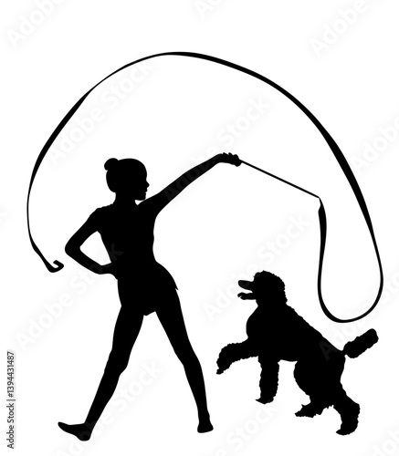 Rhythmic gymnastic girl plays with dog poodle entertainment vector silhouette illustration isolated. Dog jumps ribbon funny game circus attraction. Ballet dancer animator shape pet show exhibition.