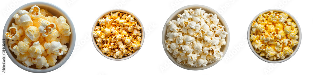 Different bowls of popcorn arranged in a minimalist layout on a white background for a modern display Different bowls of popcorn arranged in a minimalist layout on a white background for a modern display