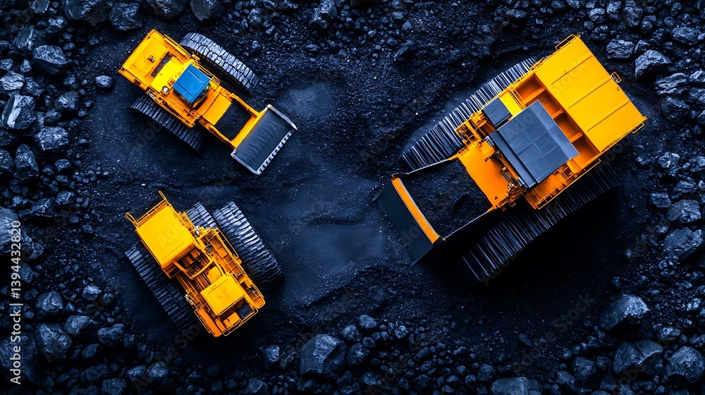 Three yellow heavy machinery machines working in a coal mine