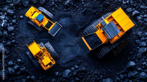 Obraz na płótnie Three yellow heavy machinery machines working in a coal mine w salonie
