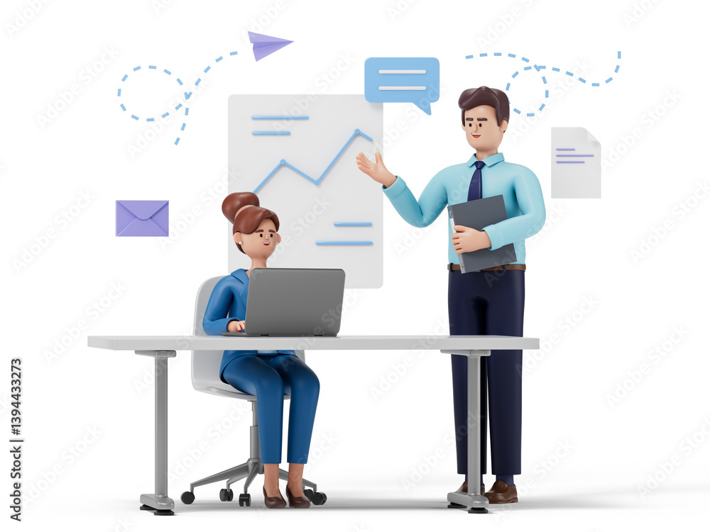 3D man presents to 3D woman, symbolizing collaboration and information sharing. 3d rendering, conceptual image. Isolated on white background. 3D man presents to 3D woman, symbolizing collaboration and information sharing. 3d rendering, conceptual image. Isolated on white background.
