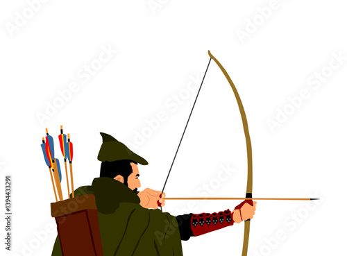 Traditional archer vector illustration isolated on white background. Robin Hood vector. Traditional hunter in hunting. Man with bow and arrow aiming in target.