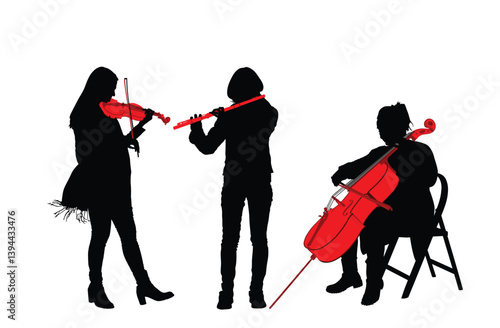 Female trio orchestra music artist vector silhouette illustration isolated. Girl play violin, cellist woman cello, flutist girl play flute. Lady musician shape. String wind instruments concert event.
