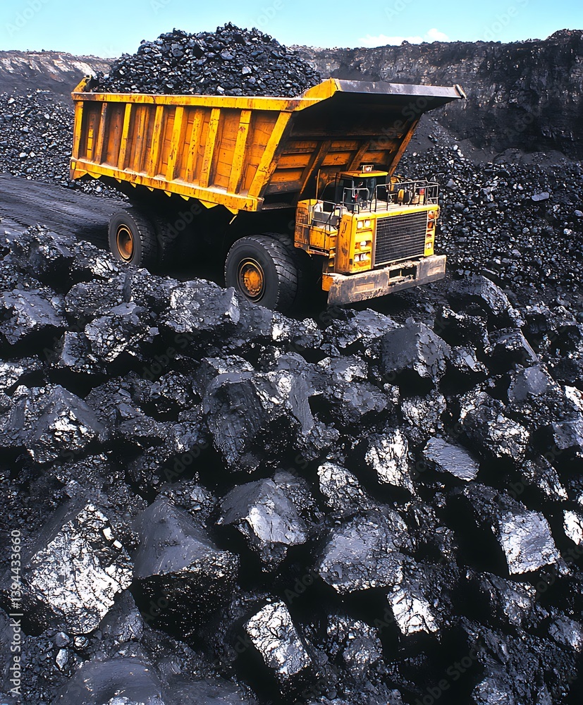 A large yellow dump truck transporting a load of black coal