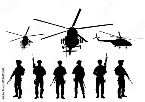 Army soldiers with rifle on duty vector silhouette illustration isolated. Soldier keeps watch on guard. Rangers on border. Commandos helicopter team unit. Special force crew protect people by chopper.
