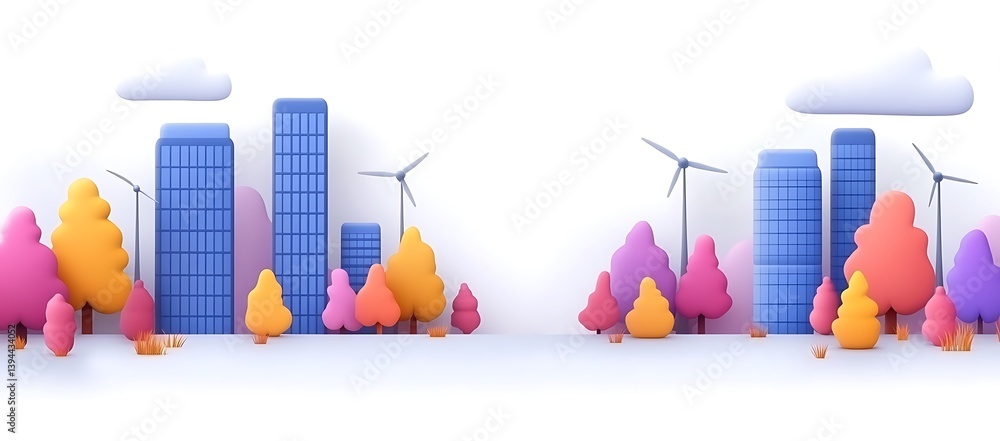 A stylized vibrant city illustration of buildings and trees