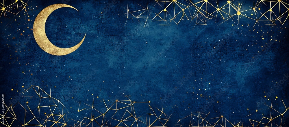 Crescent moon and golden celestial network over dark blue background