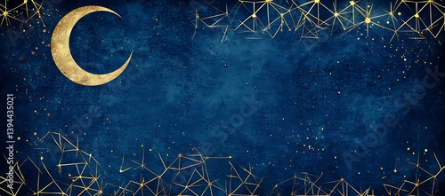 Obraz na płótnie Crescent moon and golden celestial network over dark blue background w salonie