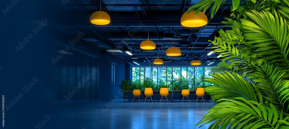 A modern interior space featuring plants and colorful lighting
