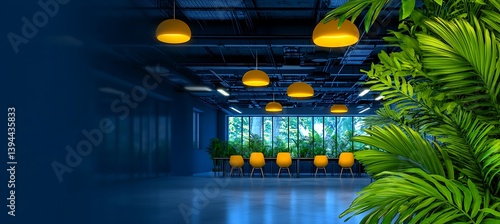 Obraz na płótnie A modern interior space featuring plants and colorful lighting w salonie