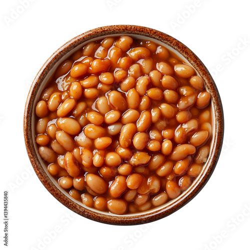 A close-up view of baked beans in a dish, showcasing their glossy texture and rich brown color, set isolated on white background and transparent background