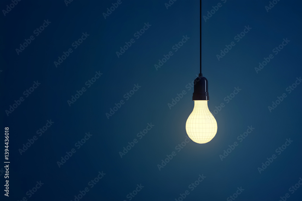 Glowing light bulb hanging on dark blue background Glowing light bulb hanging on dark blue background