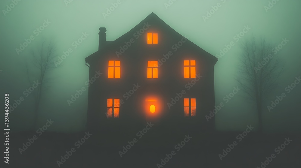 A spooky house at night with illuminated windows in heavy fog