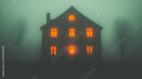 Obraz na płótnie A spooky house at night with illuminated windows in heavy fog w salonie