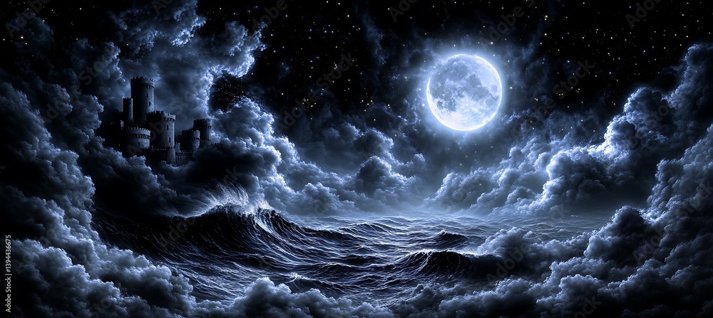 A dramatic night scene with a moon over a stormy sea