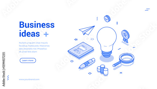 Business innovation idea startup strategy brainstorming isometric web banner vector illustration. Creative solution generation productivity and efficiency landing page design template