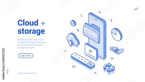 Cloud storage smartphone multimedia personal content isometric web banner vector illustration. Digital media files document information analyzing mobile phone application password identification