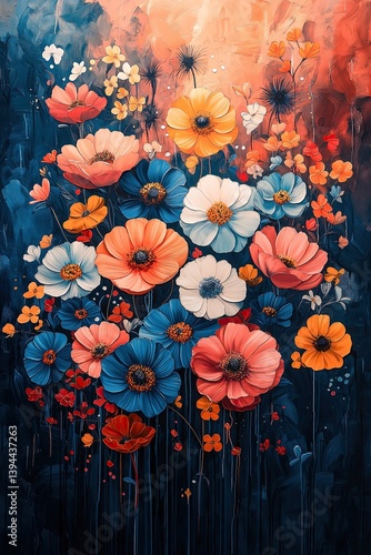 Abstract Floral Painting with Bold Colors and Brush Textures