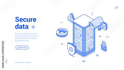 Secure big data cyberspace cloud computing encryption isometric web banner monochrome vector illustration. Digital information monitoring analyzing searching network privacy protection technology