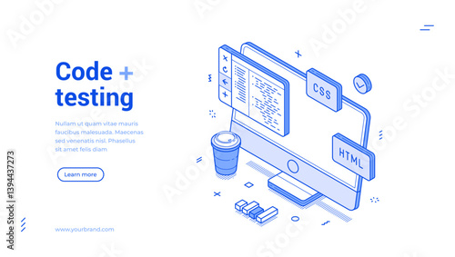 Code testing programming soft development information technology isometric web banner vector illustration. IT program coding test control bug checking digital analyzing landing page design template