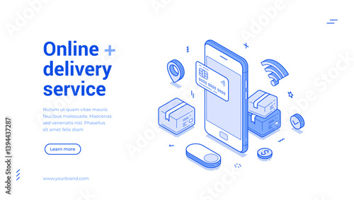 Online shopping delivery service smartphone payment app isometric web banner vector illustration. Internet store shop purchase marketplace order paying mobile phone application landing page