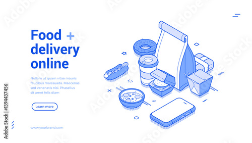 Food delivery online service meal order smartphone application isometric web banner vector illustration. Dish cuisine courier shipment mobile phone app commercial retail transportation