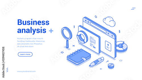Business analysis financial strategy development internet browse isometric web banner vector illustration. Market research product testing data analyzing information optimization statistic trend