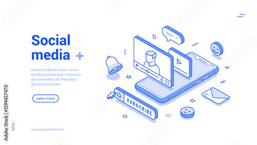 Social media network blog vlog auditorium interaction content isometric web banner vector illustration. Online internet communication cyberspace video community multimedia influencer announcement