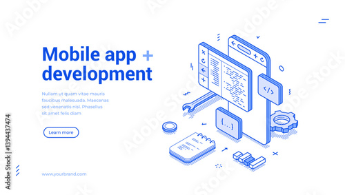 Mobile app development big data software engineering coding isometric web banner vector illustration. Programming code cyberspace analysis information smartphone application digital technology