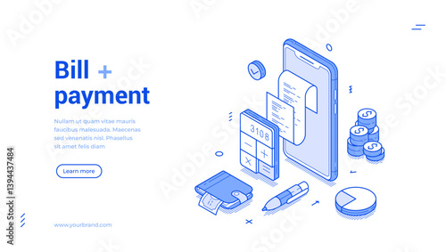 Bill payment shopping service paying checkout smartphone application isometric web banner vector illustration. Financial banking invoice receipt digital commercial retail purchase mobile phone app