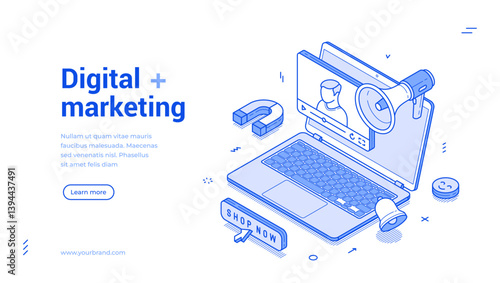 Digital marketing social media advertising SMM SEO internet shopping isometric web banner vector illustration. Online promotion cyberspace communication strategy blog vlog auditorium interaction