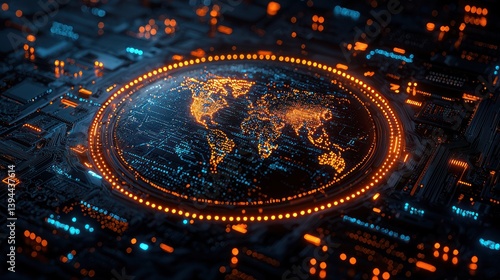 Wallpaper Mural Holographic world map overlaid on circuit board. Global technology, digital earth, network, futuristic,  innovation,  connectivity,   Torontodigital.ca