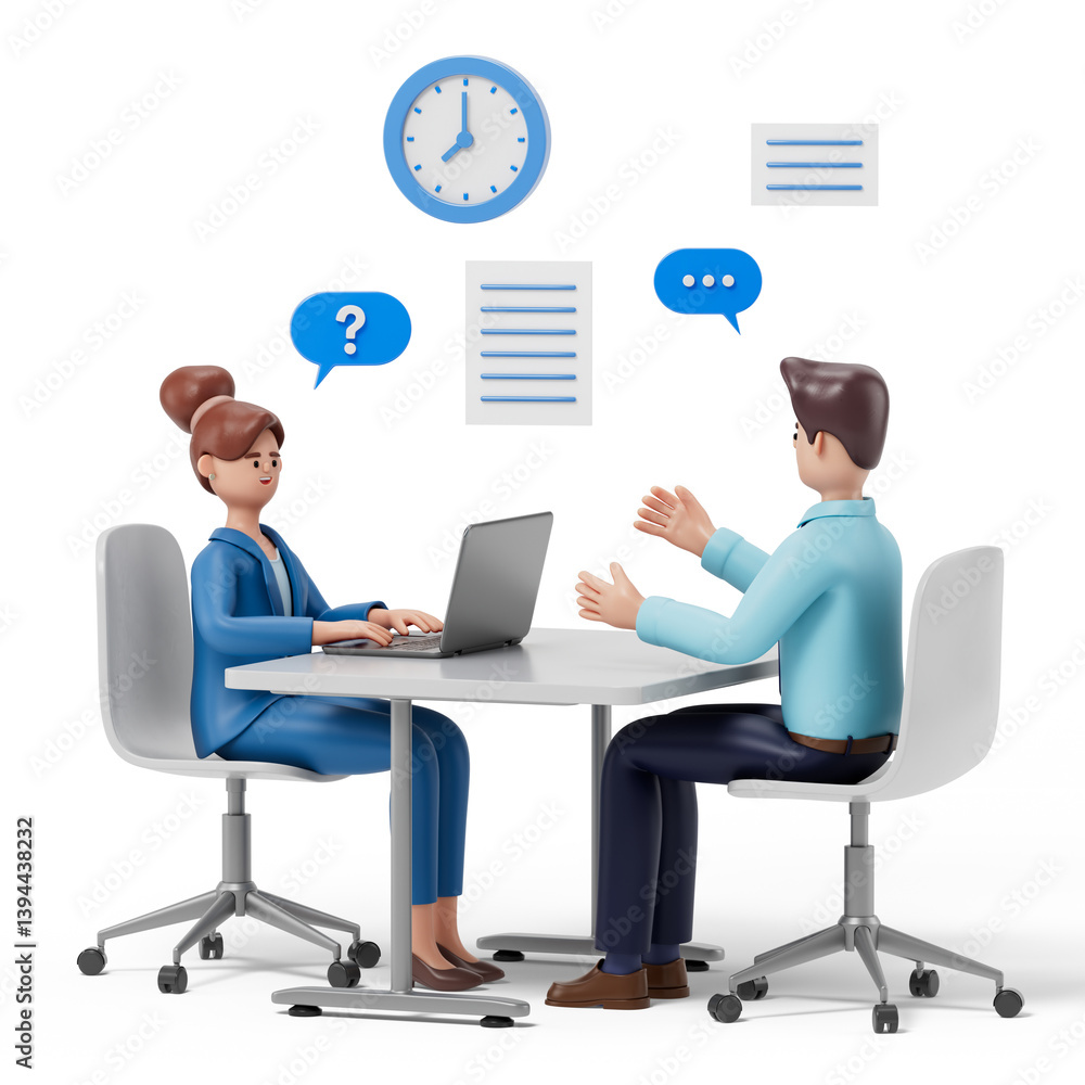 3D woman and 3D man discuss work, symbolizing collaboration and problem-solving. 3d rendering, conceptual image. Isolated on white background. 3D woman and 3D man discuss work, symbolizing collaboration and problem-solving. 3d rendering, conceptual image. Isolated on white background.