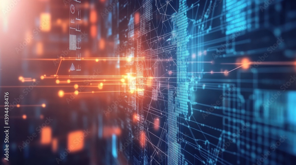 Obraz premium A vibrant digital network visualization with glowing connections and abstract data patterns, suggesting technology and innovation.