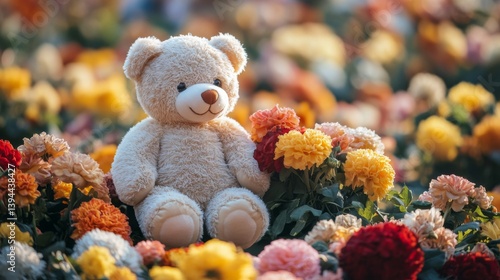 Cream Teddy Bear Amidst Vibrant Yellow Orange Red Flowers