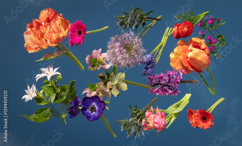 abstract art with colorful flowers placed on mirror and blue sky 