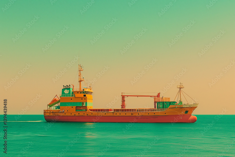 Fototapeta premium Cargo Ship Sailing under Clear Sunset Sky