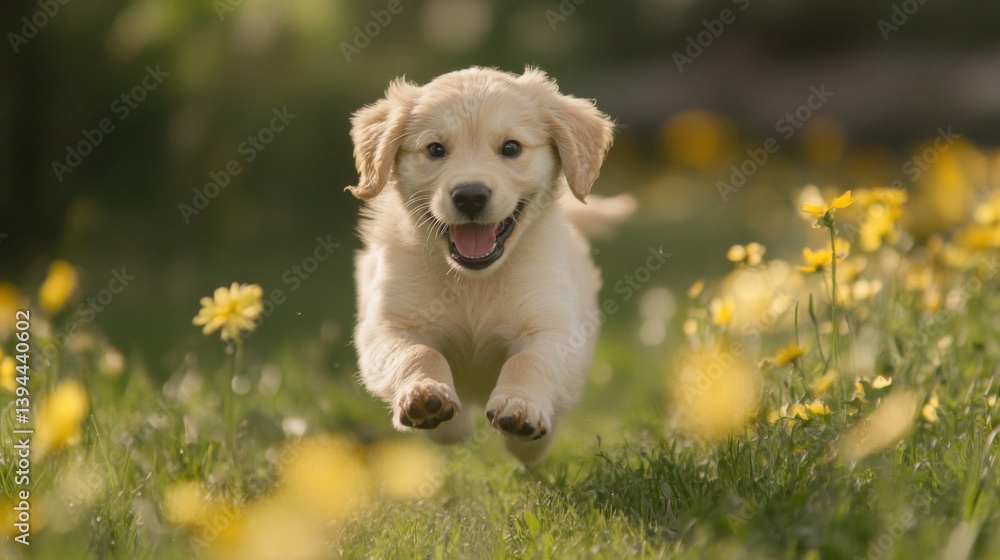Golden Retriever Puppy Running Through Yellow Flowers Golden Retriever Puppy Running Through Yellow Flowers
