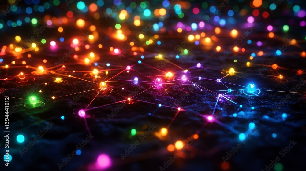 Fototapeta premium Colorful Network Connections with Glowing Particles on Dark Background