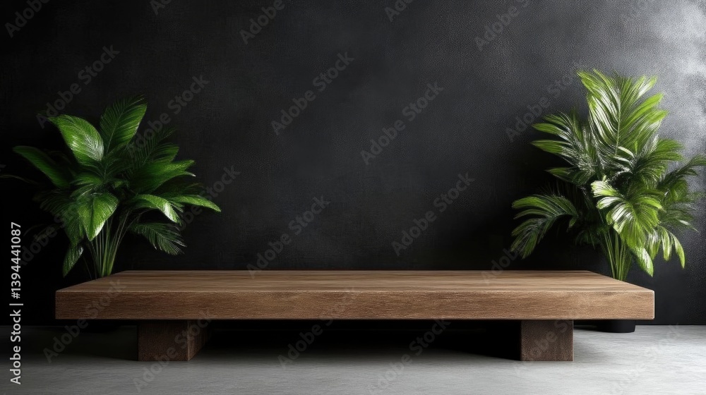 Modern, minimalist wooden platform with dark wall and tropical plants Modern, minimalist wooden platform with dark wall and tropical plants