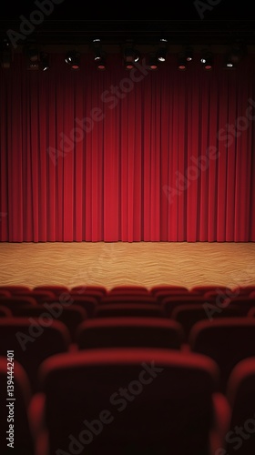Empty Theater Stage Red Curtains Wooden Floor