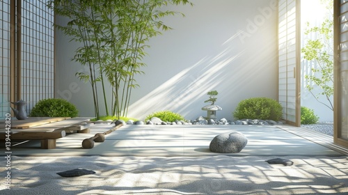 Fototapeta Naklejka Na Ścianę i Meble -  Zen office atmosphere with natural light and calming surroundings.