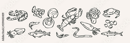 Line art seafood collection. Whimsical illustration