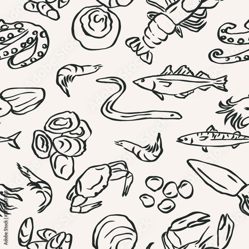 Line art seafood seamless pattern
